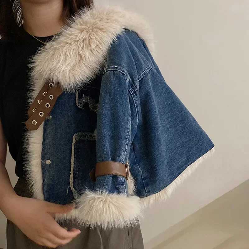 Parkas Winter Season Girl New Fur Lapel Collar Thickening Cowboy Coat Plush Outerwear Fashion 2023 Long Sleeve Cool Y240803