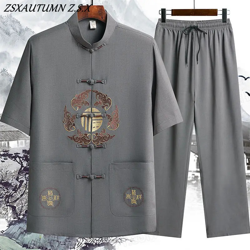 Modern Tang Suit Mens Embroidery Summer Chinese Style Short-sleeved Trousers Suit Casual Breathable Vintage Men Two-piece Set 240813
