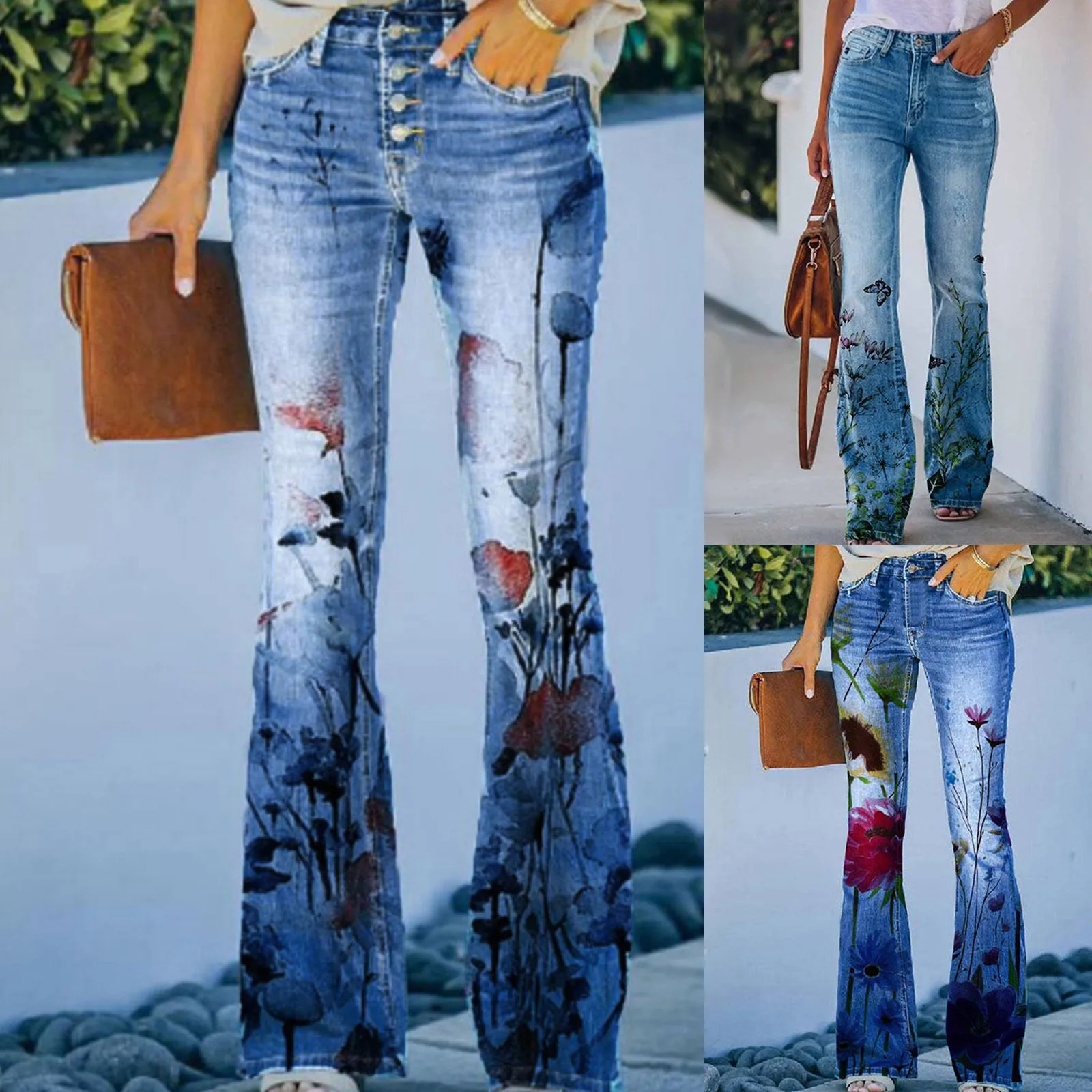 Spring Summer Casual Denim Pants Women Y2k Vintage Flower Print Jeans Double Pocket Button Bell Bottom Leisure Streetwear 240807