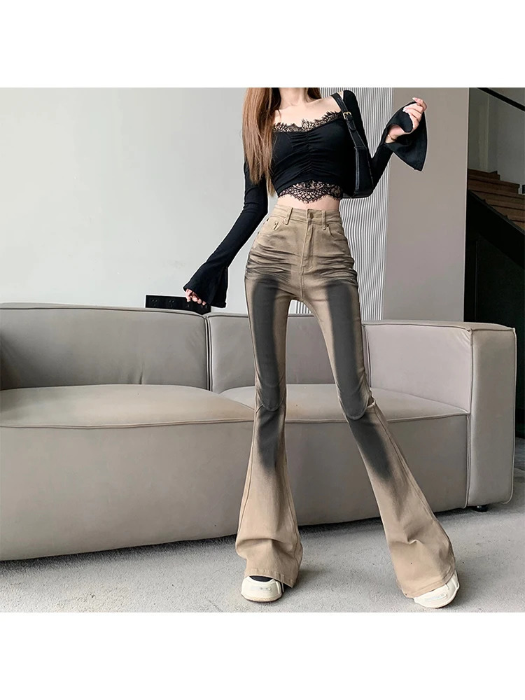 Women High Waist Gyaru Flare Jeans Dark Academia Bell Bottom Trashy Y2k Japanese Streetwear Denim Pants Grunge Goth Hip-pop Punk 240807