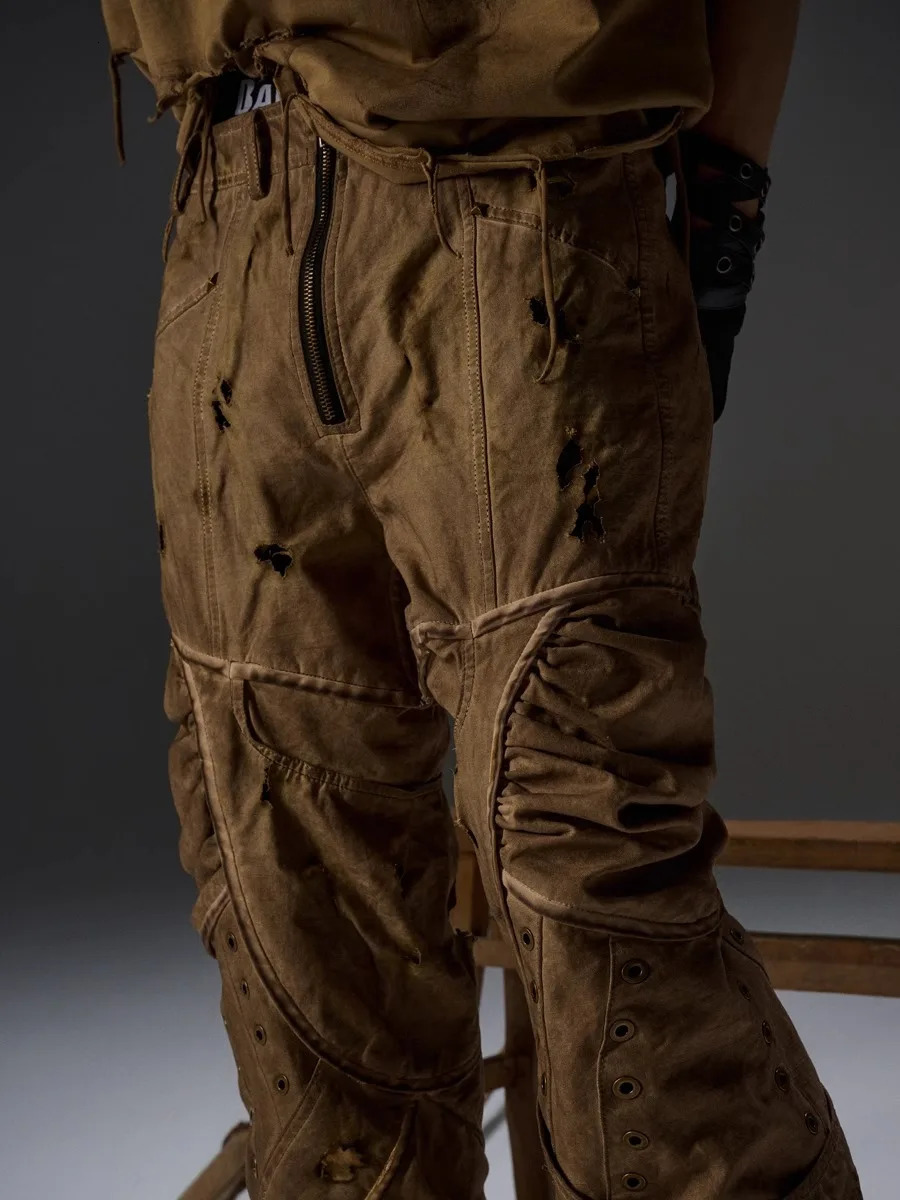 Style Men Washed Distressed Cargo Pants Dirty Dyeing High Waisted Straight Trousers 240806