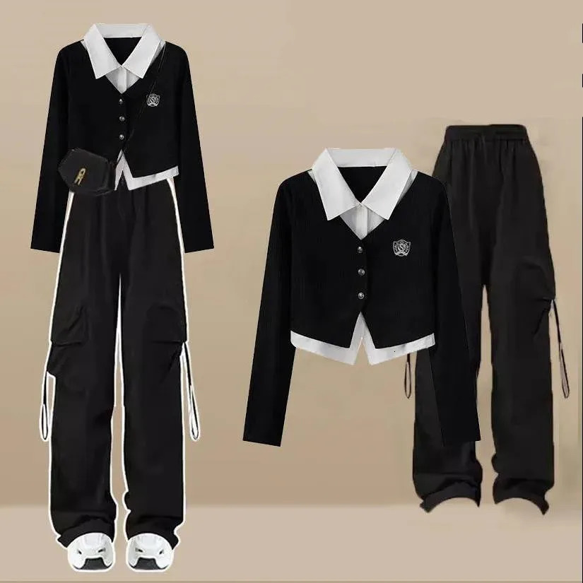 Patchwork Chiffon Shirt Casual Work Pants Two-piece Set Fashionable Female Student Pants Set Sports Suit Tracksuit 240807