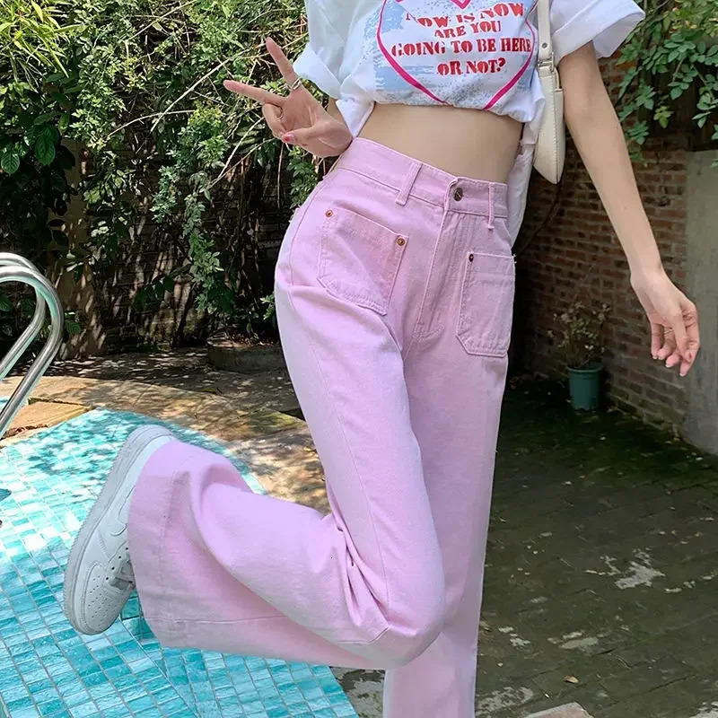 Summer With Pockets Pants for Woman Pink Womens Jeans High Waist S Flared Bell Bottom Straight Leg Flare Trousers 2000s Y2k 240807