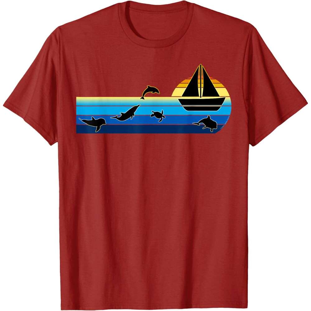 Mens T shirt Nautical Sunrise Sailboat with Dolphins Beach Summer Sailing T-Shirt shirts tshirt graphic tee Casual tops summer clothes Short sleeve Fr