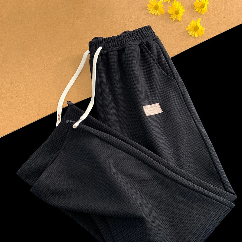 Mens Waffle Loose Large Size 5XL Wide Leg Pants American Retro Trend Drawstring Sweatpants Y2K Fashion Male Casual 240806