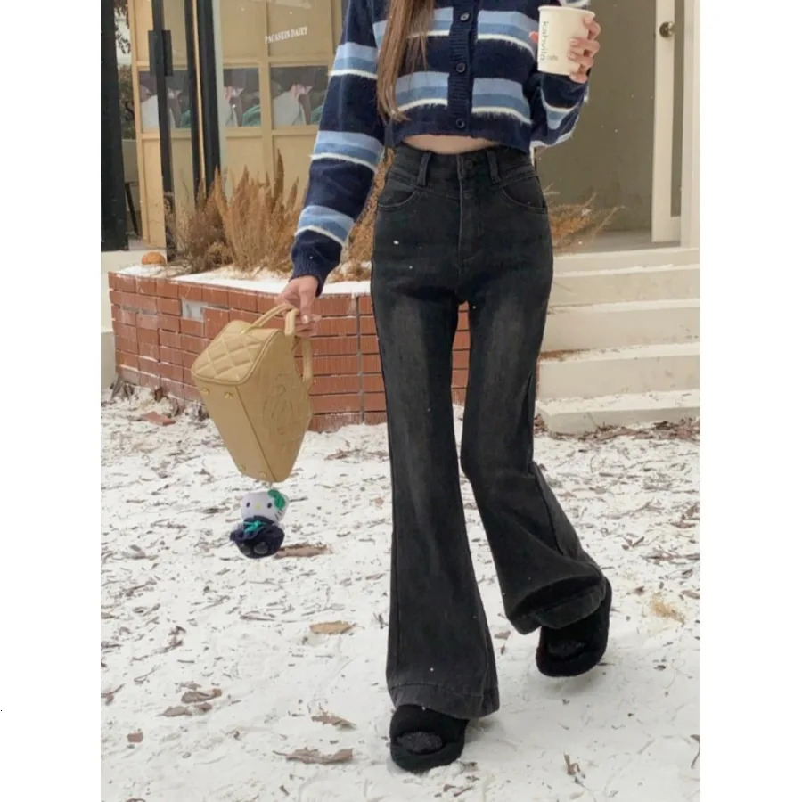 Winter Warm Fleece Flared Jeans Pant Elegant Slim Long Pants Women y2k Clothing Brushed Pants with Pocket Thick Stretch 240807