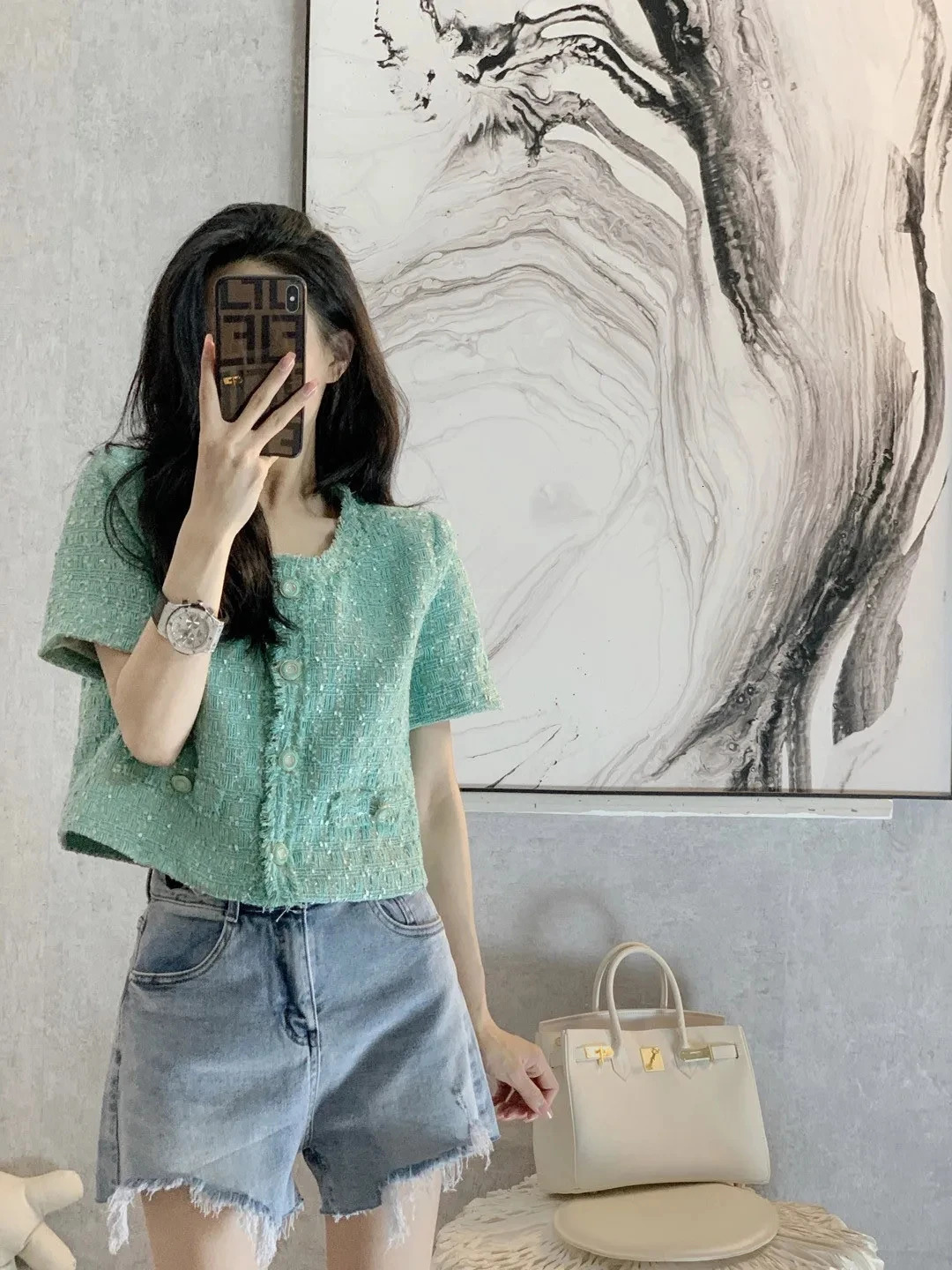 Vintage Fragrant Short Sleeve Jacket Womens Spring/Summer Versatile Fashion Tweed Greent Coat 240806