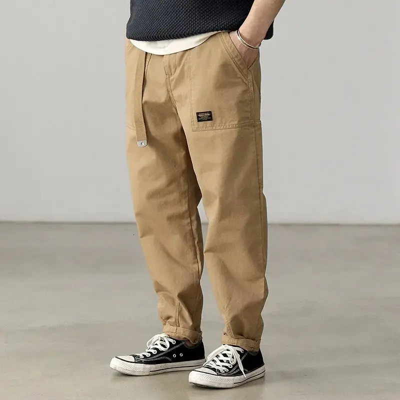Mens Mid Waist Button Zipper Spring and Autumn Punk Cargo Loose Sashes Solid Color Patchwork Pocket Versatile Casual Pants 240806