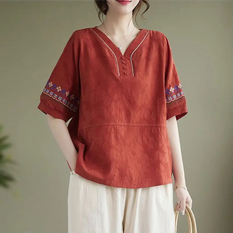 Women Summer Vintage Fashion Loose Solid Color Cotton and Linen V-neck Short Sleeve T-Shirt Ladies All-match Pants Tops Suit 240807