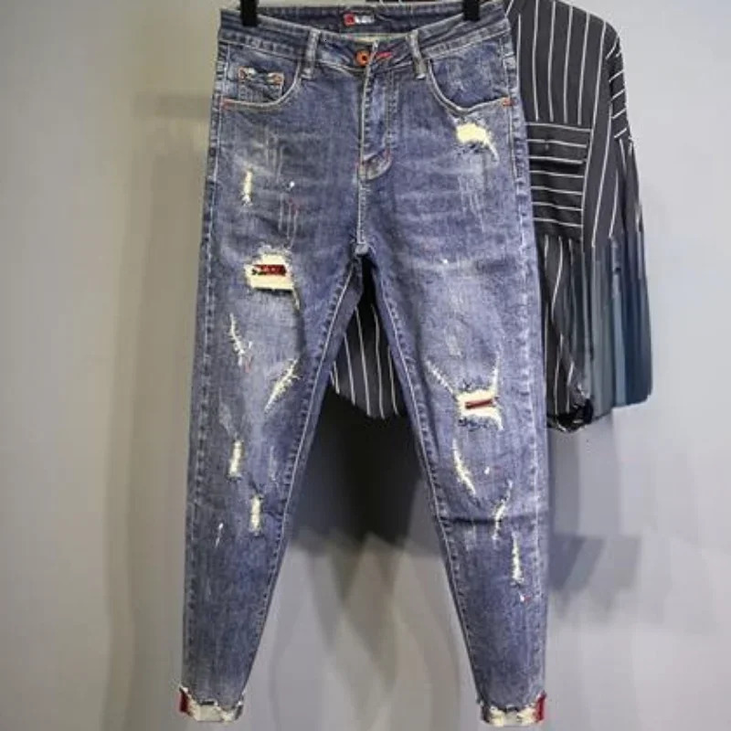 Man Cowboy Pants Skinny Mens Jeans Ripped Trousers Slim Fit Torn Cropped with Holes Tight Pipe Broken Korean Fashion Denim Xs 240806
