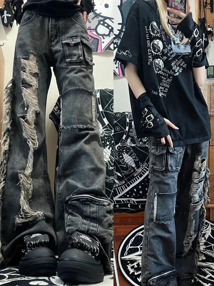 American Heavy Hole Denim Cargo Pants Y2k E-Girl High Waist Street Straight Trousers Summer Loose Bell Bottom Jeans 240807