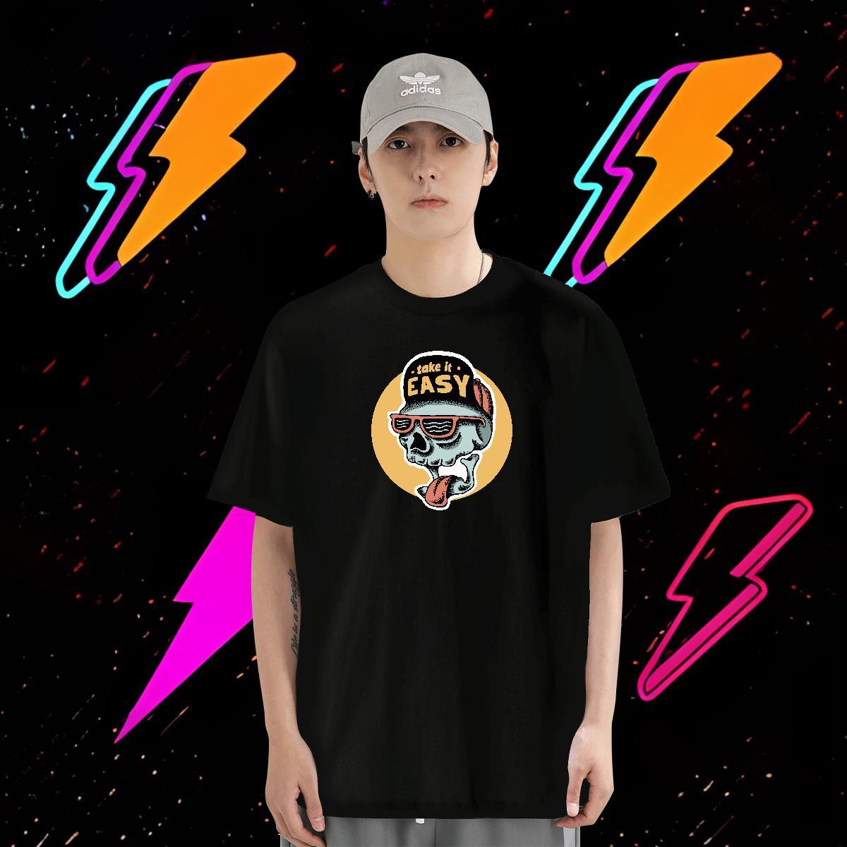 Classic Casual Men T Shirts skull Wear 230g Cotton High Street Hip Hop Loose Fit Custom Printed Breathable Short Sleeve Men Tees