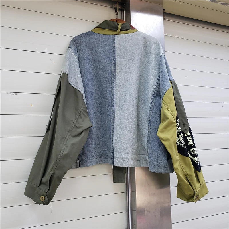 Army Green Print Jeans Splice Jacket Women Outerwear Streetwear Autumn Loose Short Big Pocket Long Sleeve Denim Jacket Female 240806
