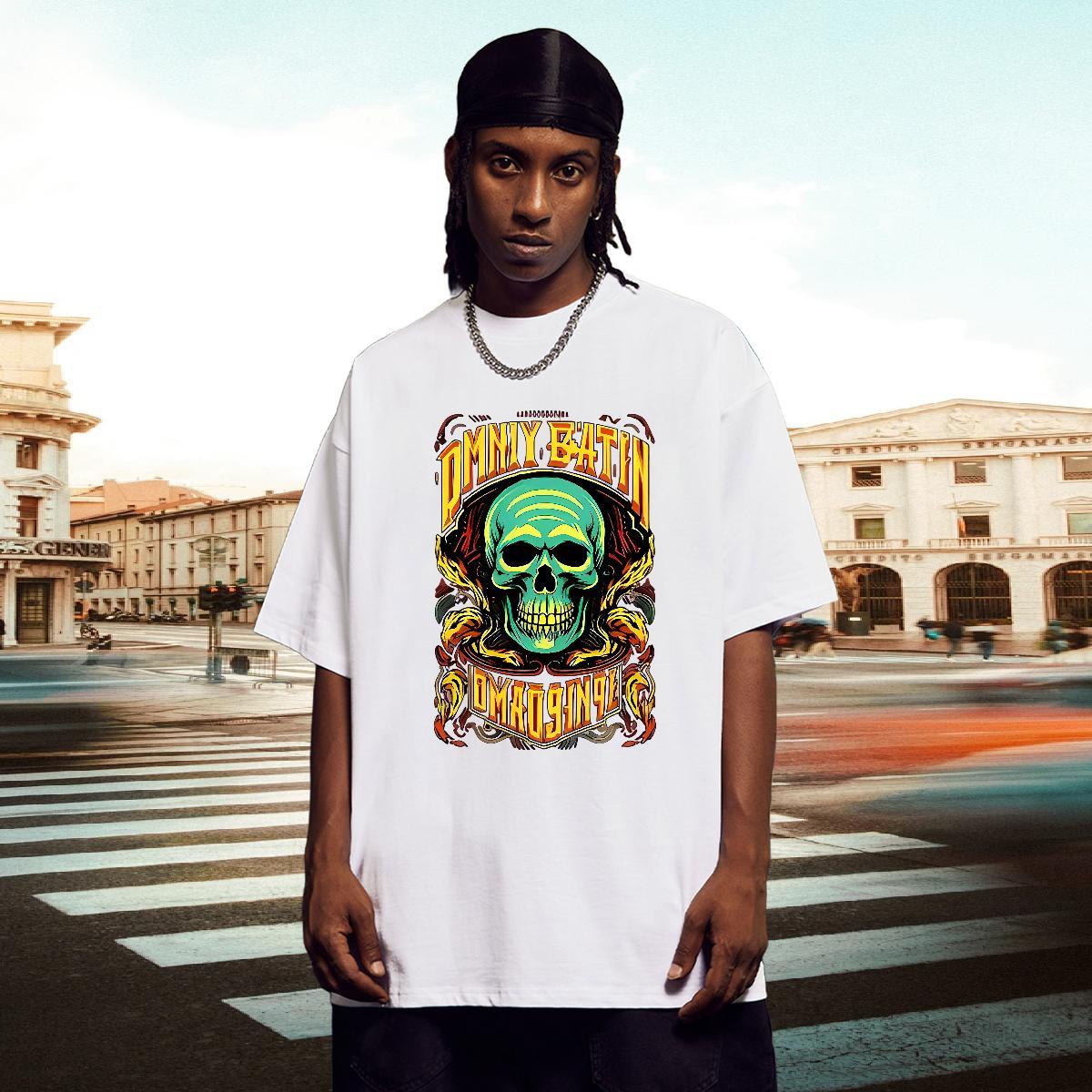 Brand Men T Shirts skull Clothes 230g Pure Cotton Spring Summer Loose Fit DIY Logo Oversized Crew Neck Breathable Tshirts