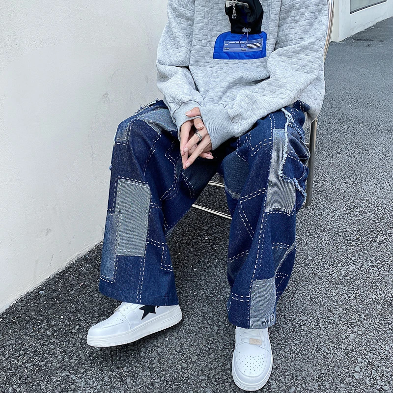 Korean fashion loose wide leg jeans mens hip-hop mens denim harem straight pants freight denim jeans street bag casual denim240806