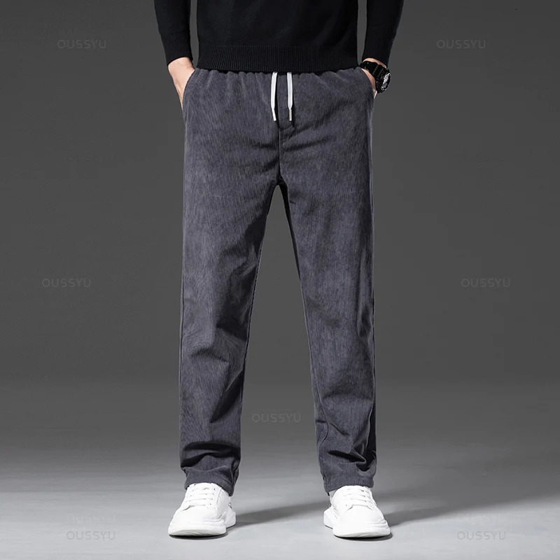 Four Seasons Corduroy Pants Men Drawstring Elastic Waist Business Loose Straight Korea Casual Trousers Male Oversized M5XL 240806