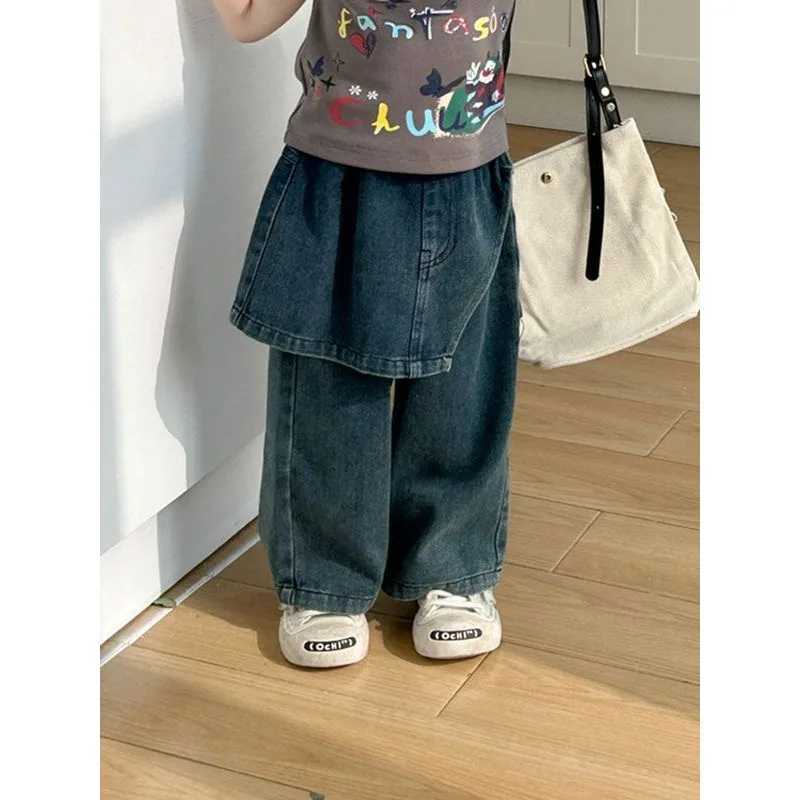 Jeans Girls Jeans Korean Straight Leg Trousers Boys Fake Two-piece Long Pants Girls Fashionable Handsome Kid Childrens Gray Culottes