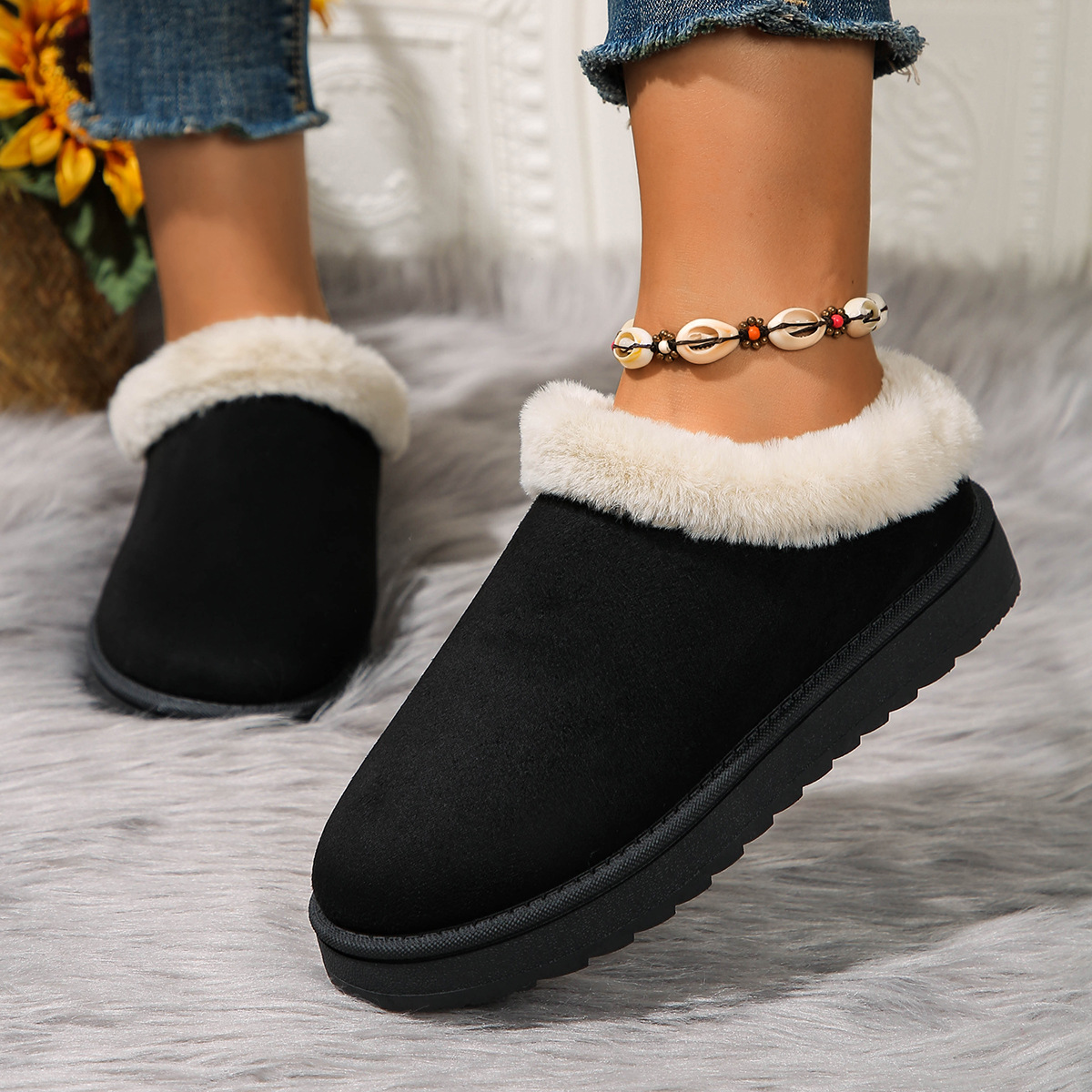 2025 Fashion Hairy Mouth Snow Boots Womens Winter New Style Thick Bottom Short Tube One Step Lazy Large Cotton Shoes