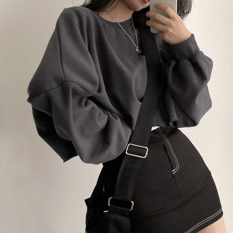 Short hoodie women's autumn solid color new loose fitting open navel round neck top