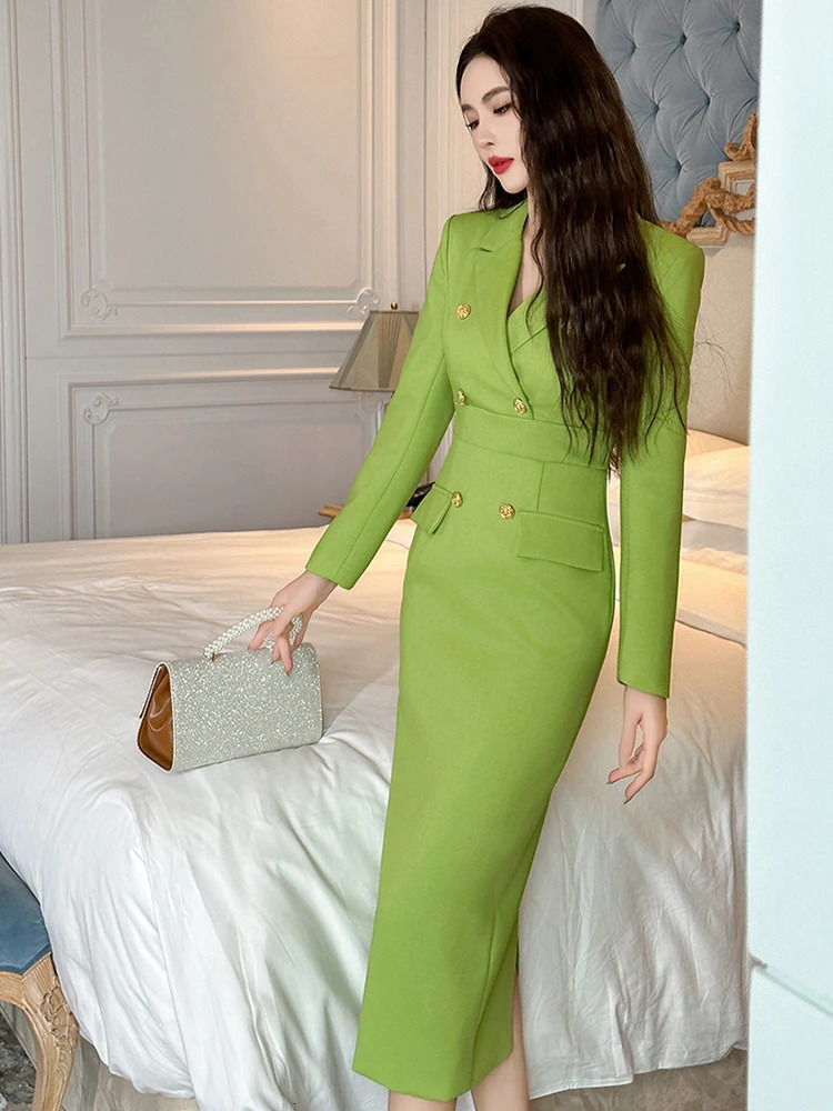 Womens Style Midi Dress Woman Professional Shoulder Pad Double Breasted Slim Robe Business Office Lady Vestidos 240806