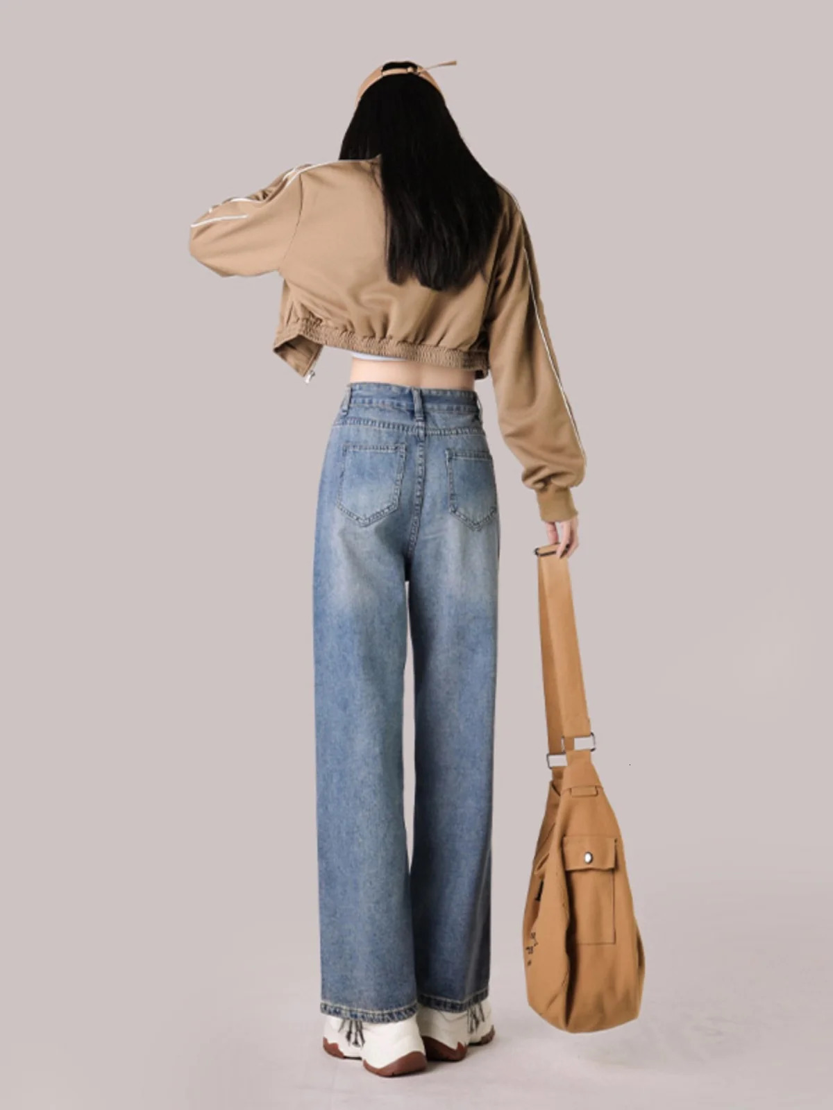 150CM Petite girls vintage blue Wide Leg pants comfortable Y2K Skinny Ankle length straight jeans 240807