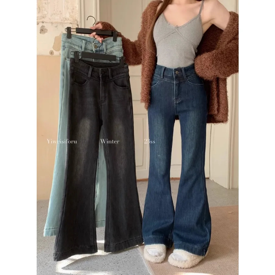 Winter Warm Fleece Flared Jeans Pant Elegant Slim Long Pants Women y2k Clothing Brushed Pants with Pocket Thick Stretch 240807