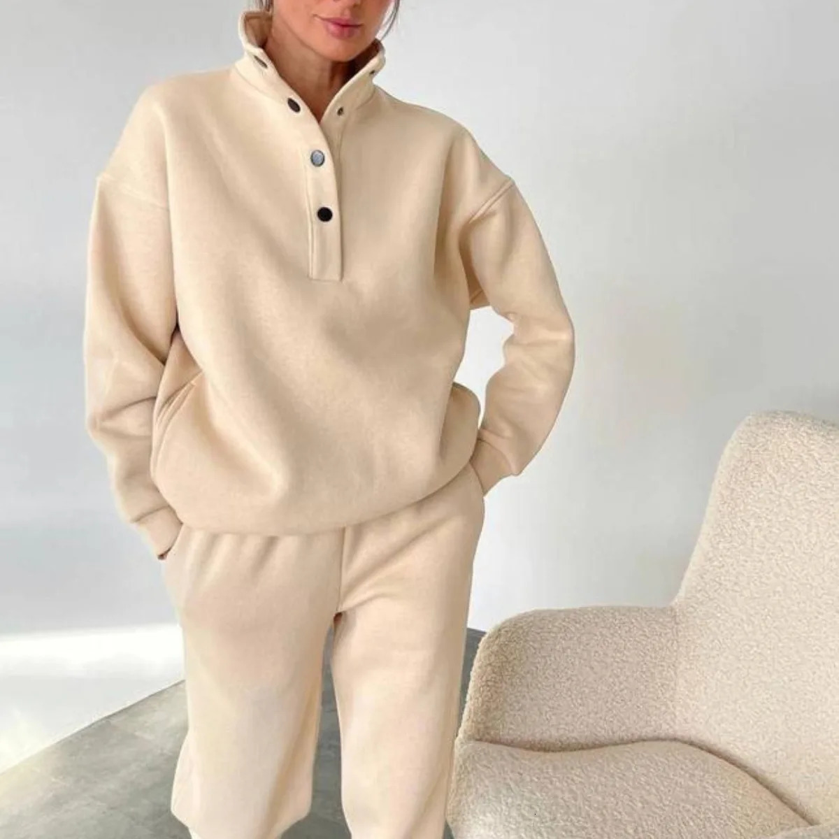 Womens Stand Collar Snap-fastener Tracksuit Autumn Winter Fashion Solid Pants Sets Casual Loose Long Sleeve Women Outfit 240807
