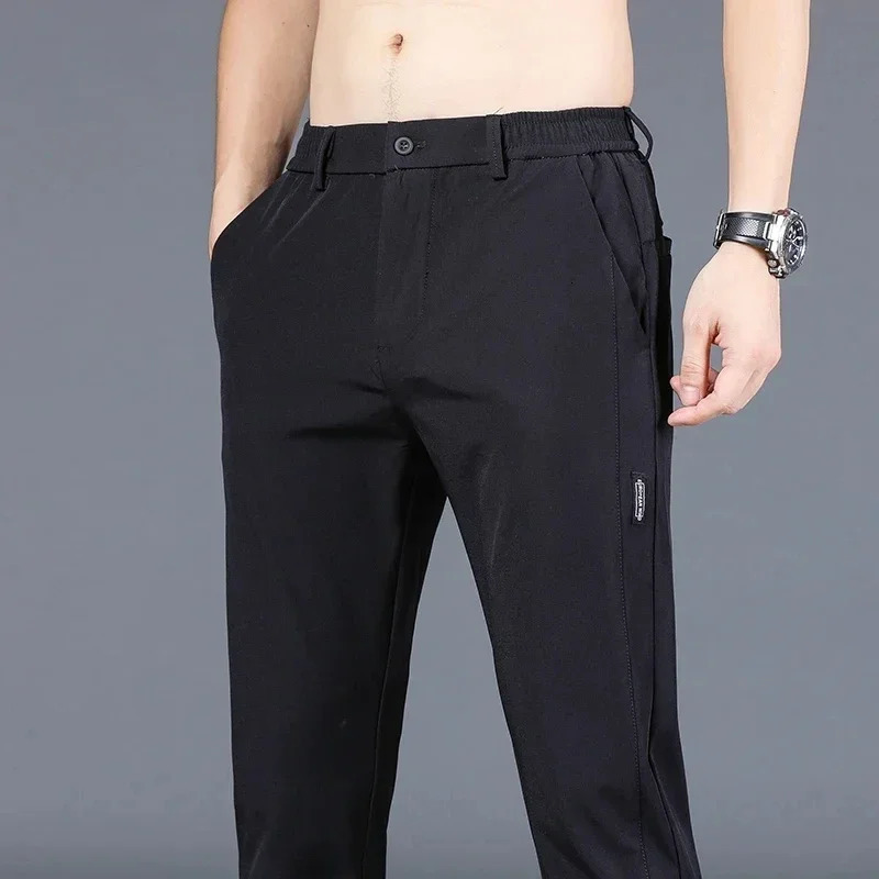 Summer Thin Mens Loose Casual Pants Korean Style Stretch Straight Slim Fit Comfortable Business Trousers Army Green 240806