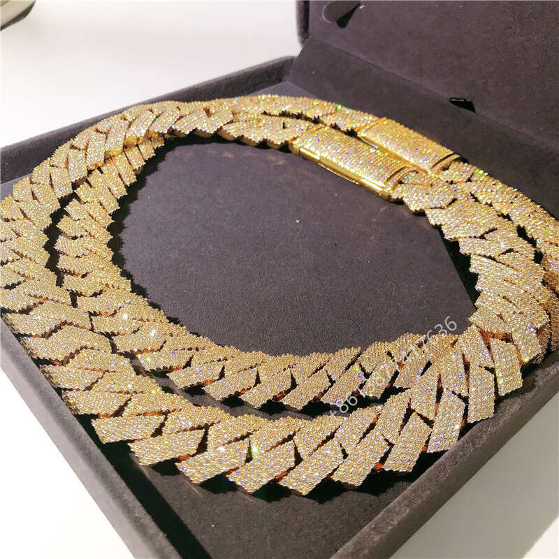 20Mm 4 Rows Hand Set Mens Necklace 10K Yellow Gold VVS Moissanite Diamond Cuban Link Chain