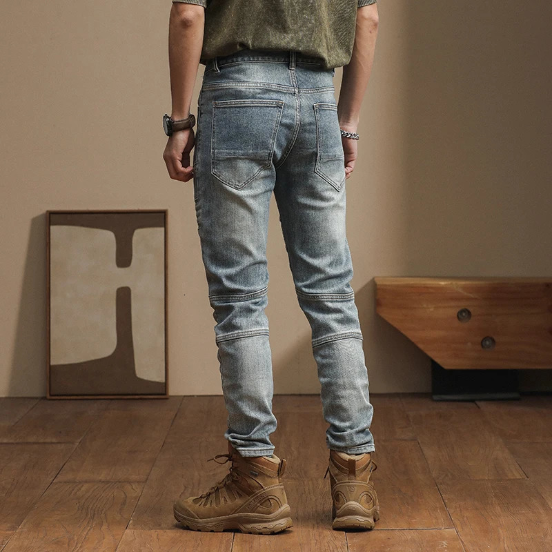 American highend trend Slim personality craft splicing biker small leg pants vintage mens jeans distortion denim 240806