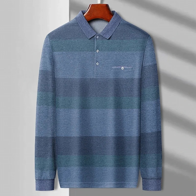 Mens Casual Stripe Plaid Long Sleeve Polo Shirt Fashion Solid Polo Top o240814