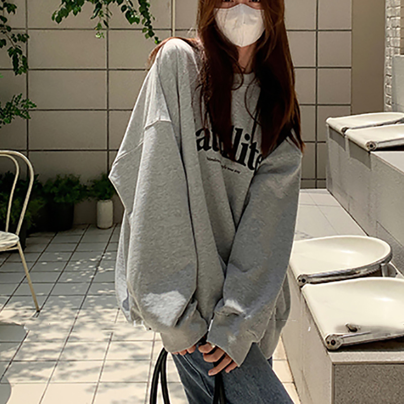 Plush loose casual hoodie for women in autumn and winter, round neck long sleeved base shirt, top, Korean women's clothing