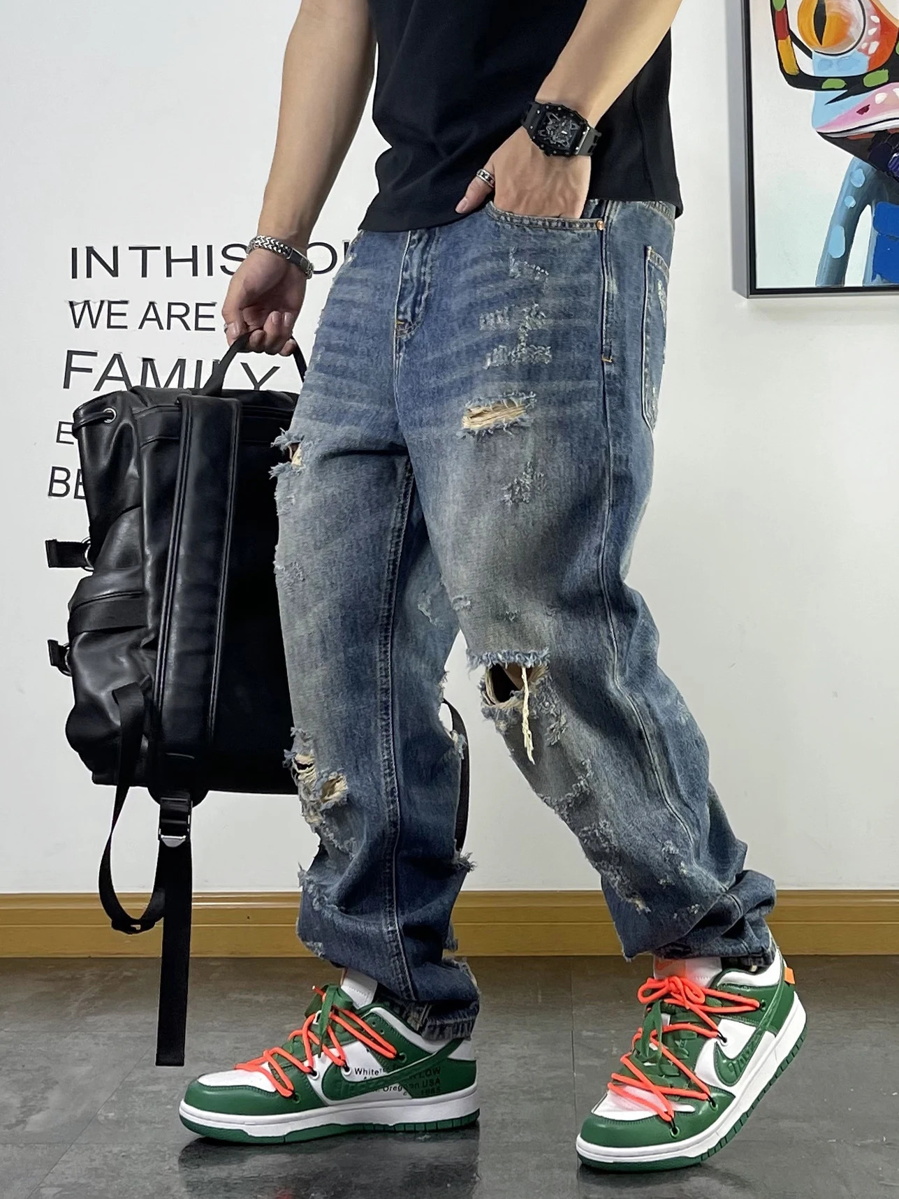 American streetwear open top jeans mens clothing Japanese Haruku casual bag hiphop beggar straight pants 240830
