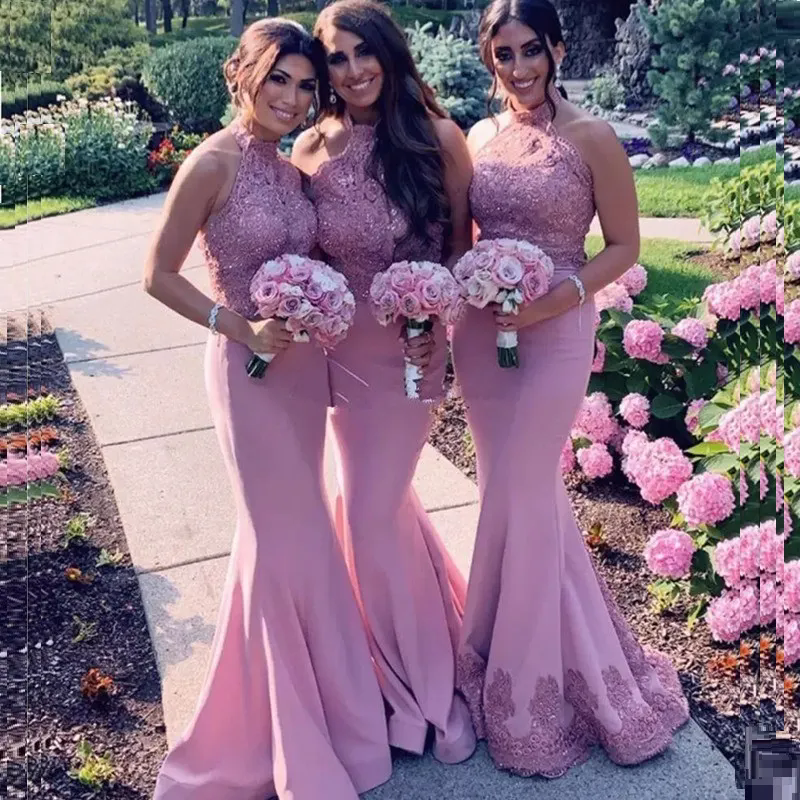 Halter Pink Mermaid Bridesmaid Dresses Sleeveless Evening Dress Beaded Wedding Guest Dress Sleeveless Maid of Honor Gown