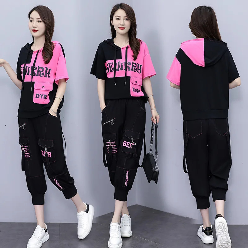 Fashion Casual Suit Female Summer Print Hooded Short Sleeve Top Casual Haren Pants Fashion Trend Sports Suit 240807
