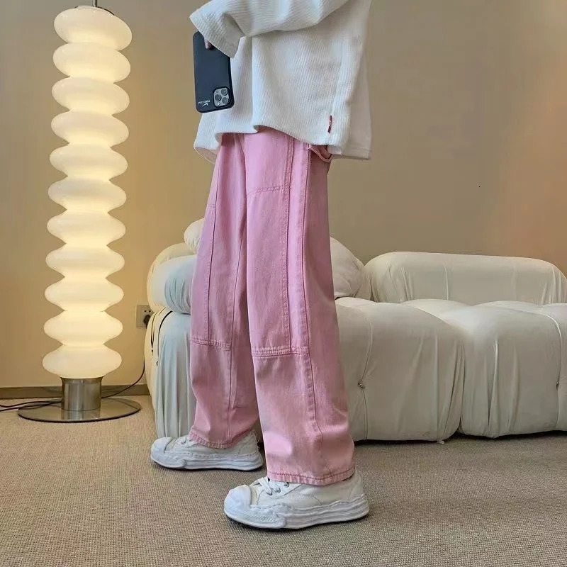 Mens Y2K Oversized Clothes 5XL Vintage Pink Jeans Baggy Harajuku Casual Cargo Denim Wide Leg Pants Cotton Korean Mens Trousers 240814
