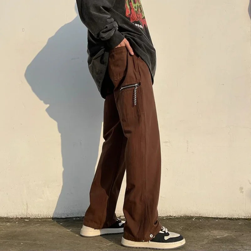 Male Trousers Brown Mens Cargo Pants Wide Straight Slacks Baggy Loose Luxury Regular Fit Harajuku Y2k Korean Style Fashion Long 240806