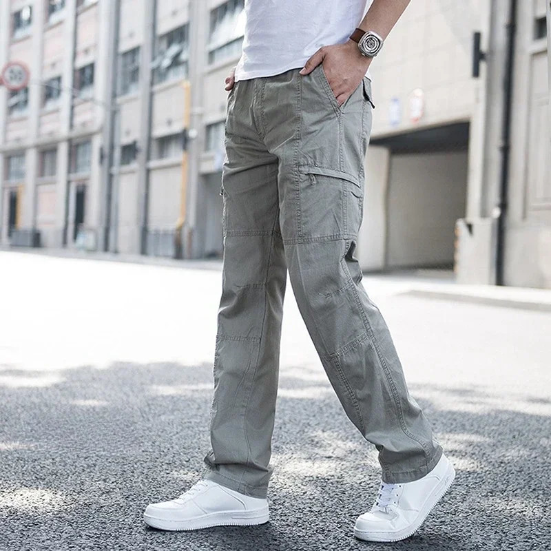 Big Size Mens Cargo Trousers Straight Leg Work Pant Men Loose Fit Summer Wide Overalls Male Side Multi Pocket Large 240806