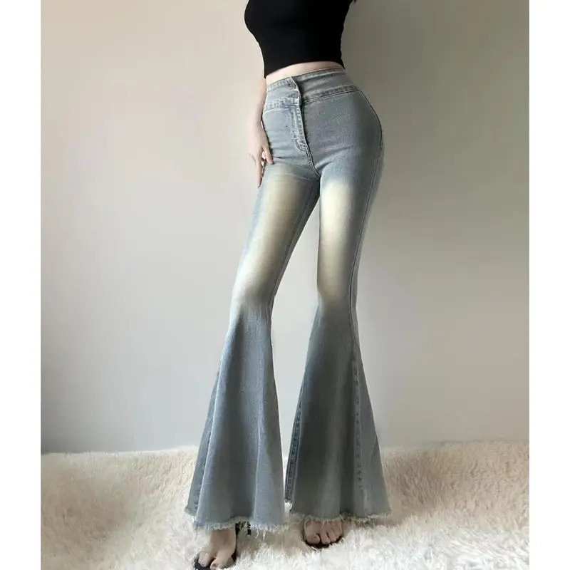 Girl High Waist Tassel Women Fishtail Floor Mopping Jeans Spring Summer Slimming Elasticity Fashion Casual Denim Flare Pants 240807