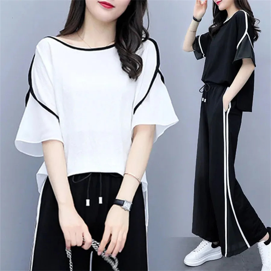 Short Sleeved Wide Leg Trousers Two Piece Set Fashion Loose Casual Sports Suit Women 240807