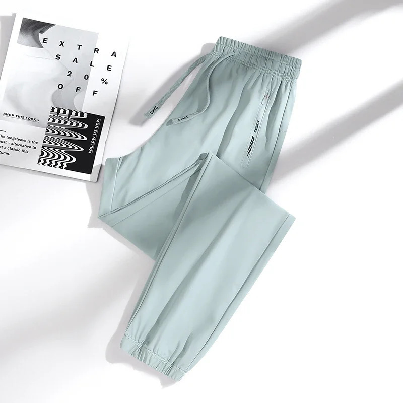 High Quality Ice Silk Mens Womens Pants Summer Thin Loose Quick Drying Breathable Sports Straight Leg Tie Casual 240806