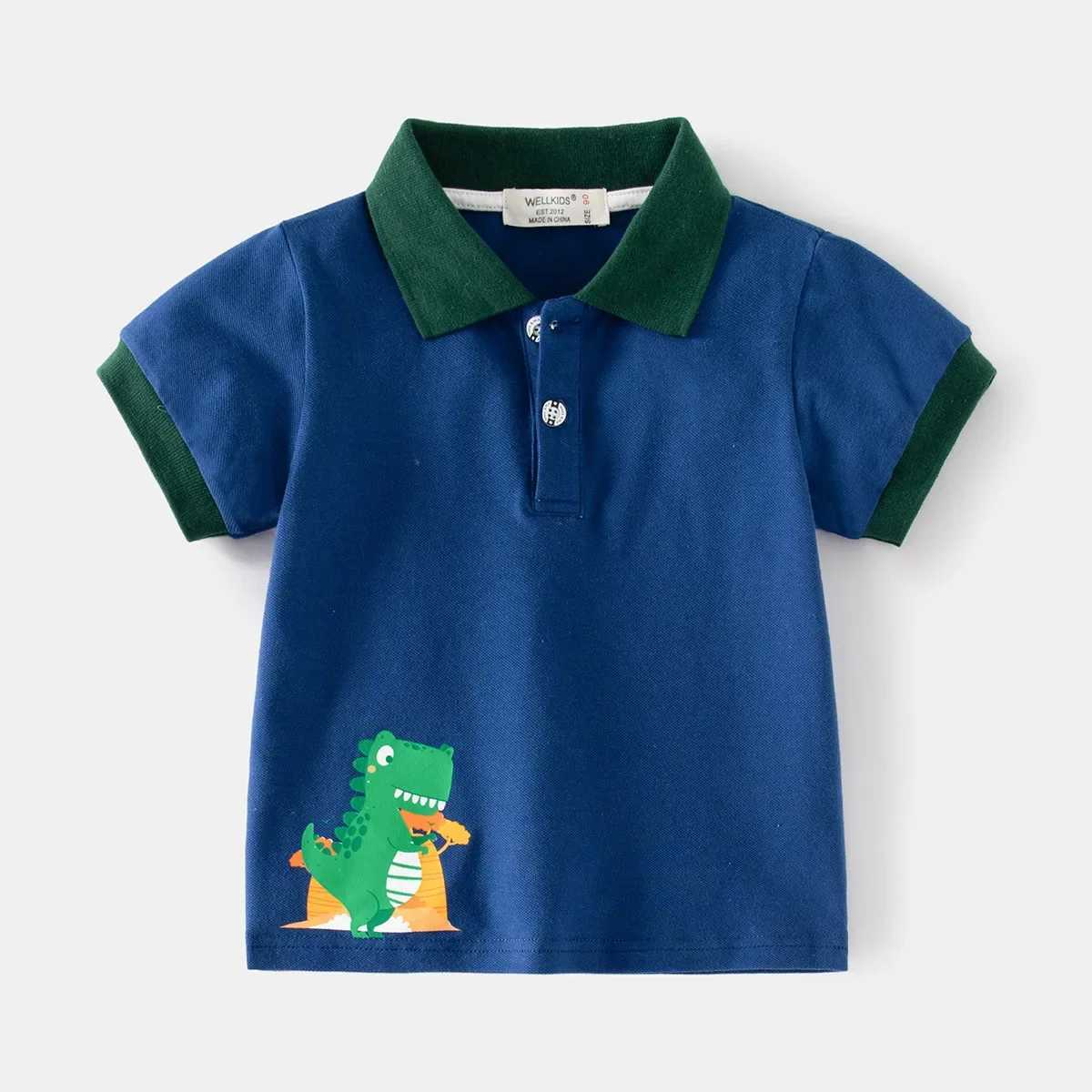 Boys casual polo shirt summer childrens dinosaur printed cotton short sleeved lapel T-shirt top childrens clothing 2-6Y W241223