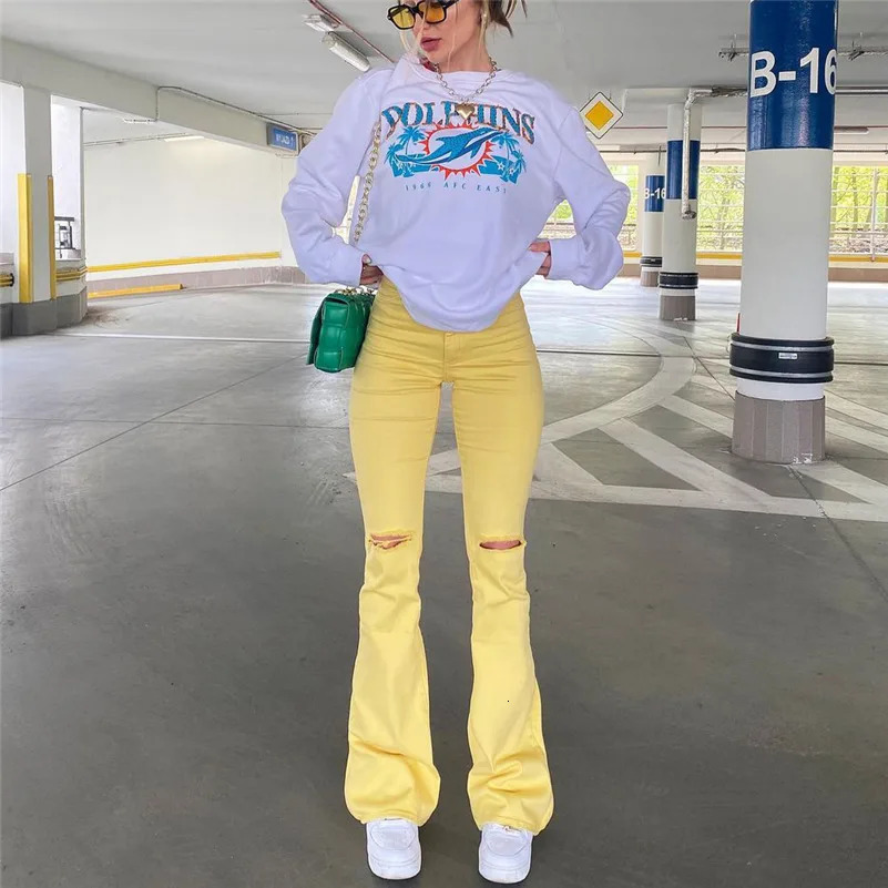 Women Stretch Flare Yellow Ripped Jeans Lady Vintage Y2K Punk High Waist Denim Pants Lady Streetwear Bell Bottom Slim Trousers 240807