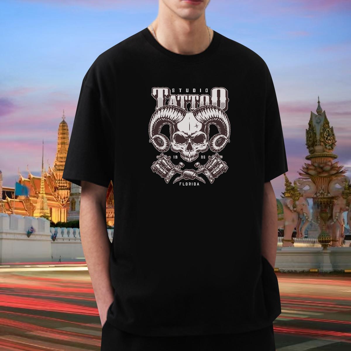 Fashion T Shirt For Man skull Clothings 100% Cotton 230g Daily Outfit Loose DIY Printed Breathable Crew Neck Couples T Shirts