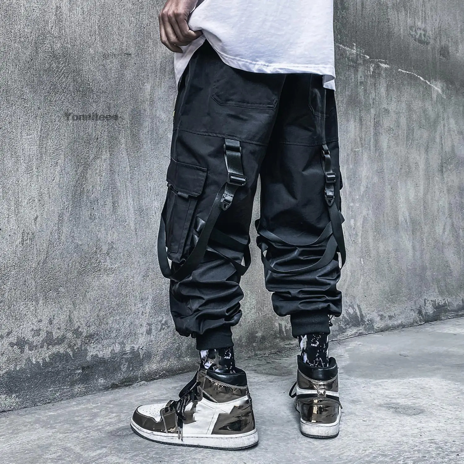 Mens Ribbon Straps Studded Techwear Jogger Punk Ankle Cargo Pants Black 240806