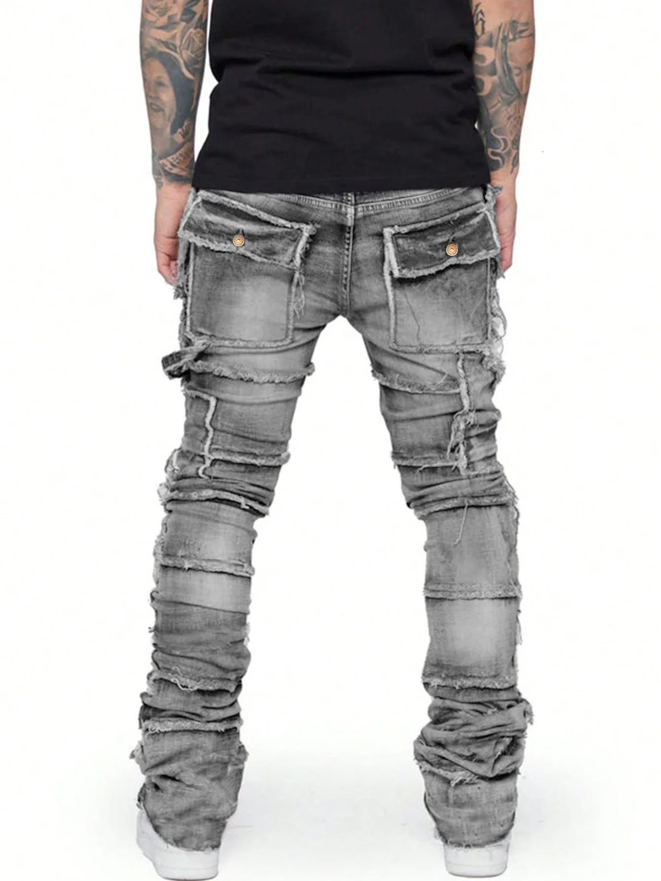 Elastic retro cargo jeans mens tear washed Y2k pants straight leg patch denim Trousers item 240819