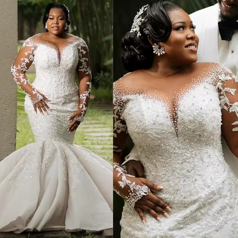 Romantic Scoop Shinny Appliques Beads Wedding Dress for Bride Chapel Train Garden African Long Sleeve Mermaid Bridal Gown