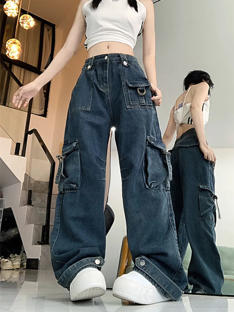 Roupa Y2K Streetwear Vintage Blue Multi Pockets Pleated Baggy Jeans Pants For Women Gothic Clothes Rock Lady Trousers 240807