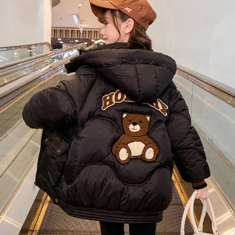 2024 New Girl Down Jacket Cute Bear Autumn Warm Fashion Parka Jacket Hooded Zipper Girls Jacket 5-12 Childrens Clothing X2411151