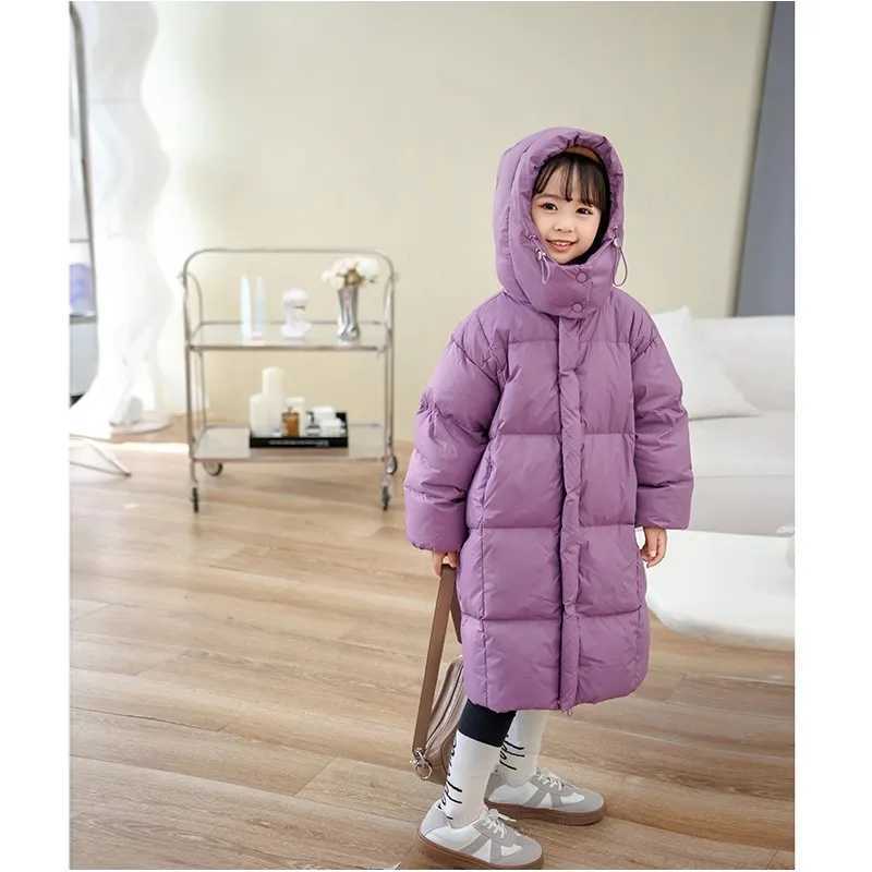 Winter Boys Girls Down Jacket Long Style Purple/Black Parka Coat Hooded Zipper Outerwear Birthday Gift Kids Cotton Clothes 5-14Y Y240803